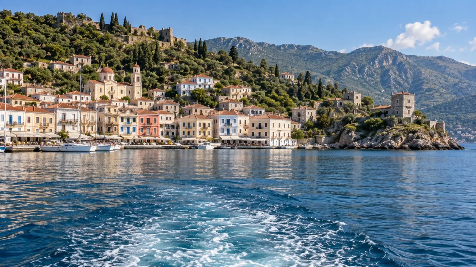 Tender boat approaching Gythion harbor in the Peloponnese