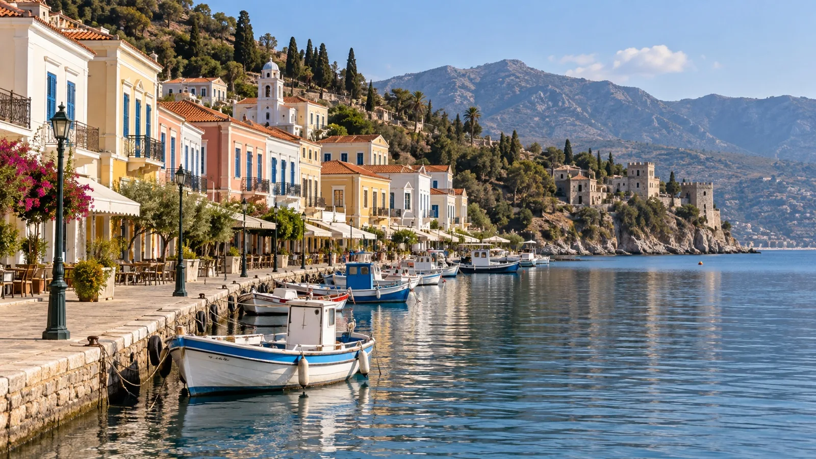 Colorful waterfront buildings and boats in Gythion