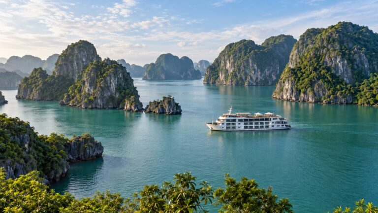 Cruise ship among limestone islands in Hạ Long Bay
