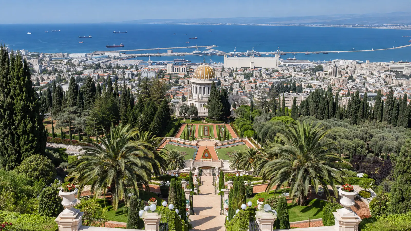 Baháʼí Gardens terraces descending toward Haifa harbor