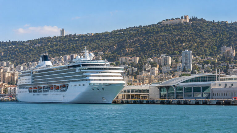 Cruise ship at Haifa passenger terminal below Mount Carmel