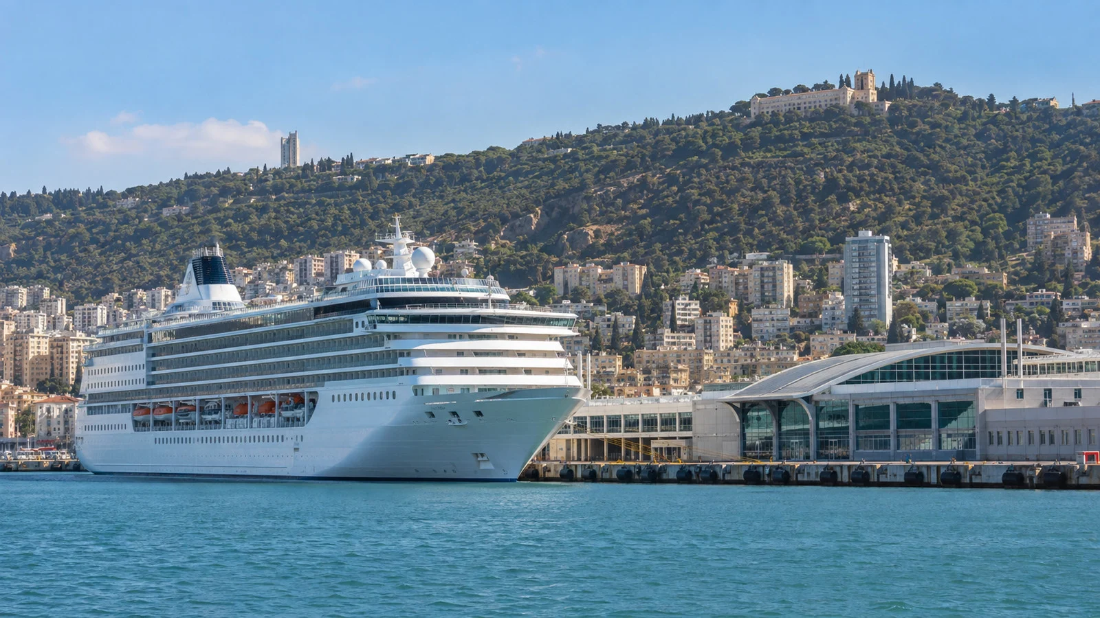 Cruise ship at Haifa passenger terminal below Mount Carmel
