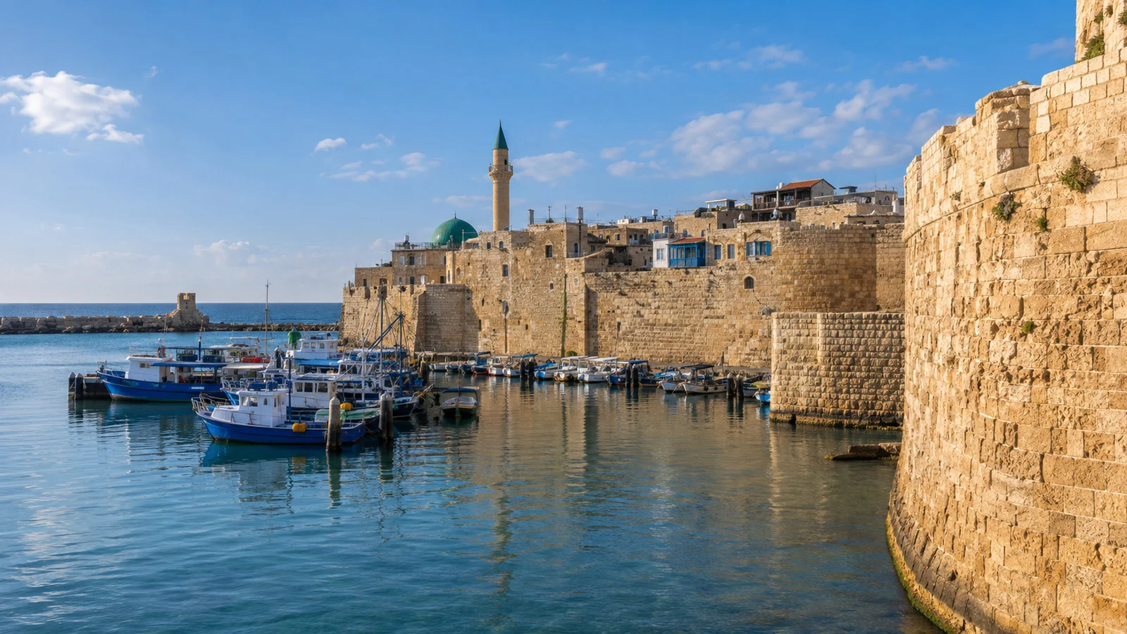 Stone sea walls and old town harbor at nearby Akko