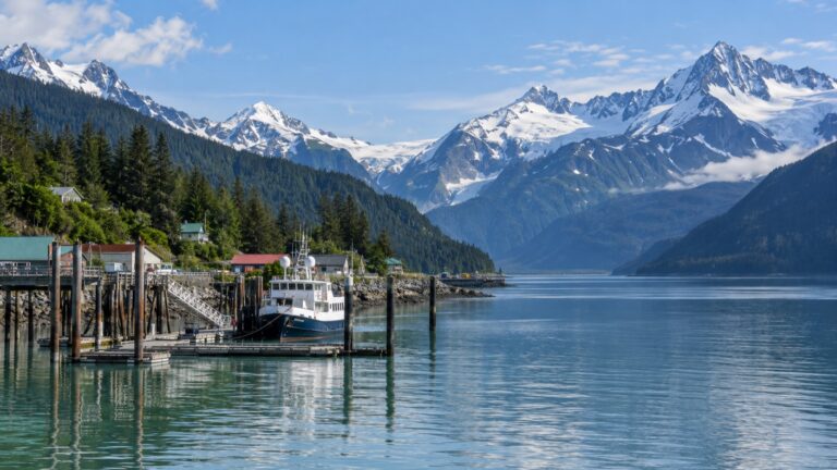 Quiet Haines harbor on Lynn Canal beneath snow-capped Alaska mountains