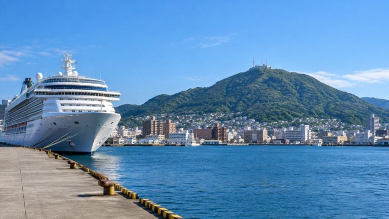 Cruise ship in Hakodate harbor below Mount Hakodate