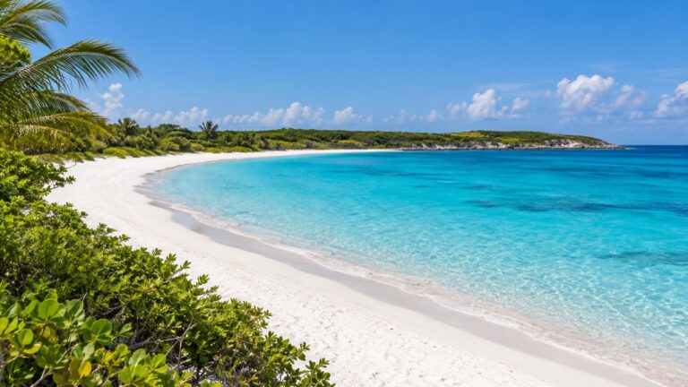 White sand beach and turquoise water at Half Moon Cay in the Bahamas