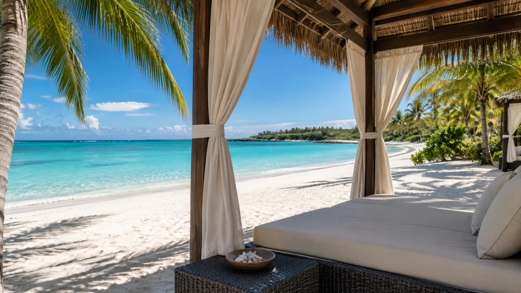 Shaded beach cabana beside the sea at Half Moon Cay
