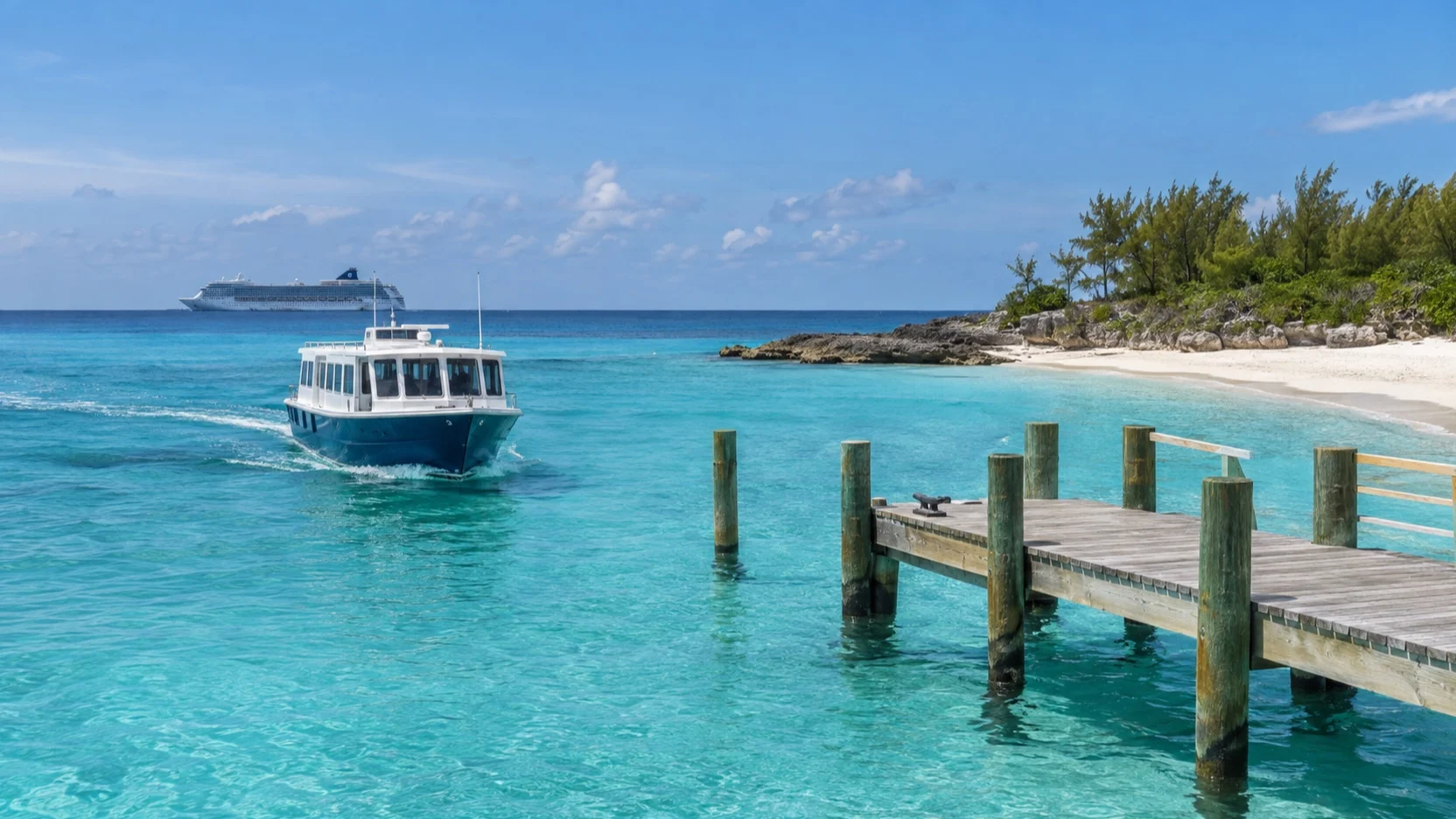 Water shuttle approaching Half Moon Cay with a cruise ship offshore