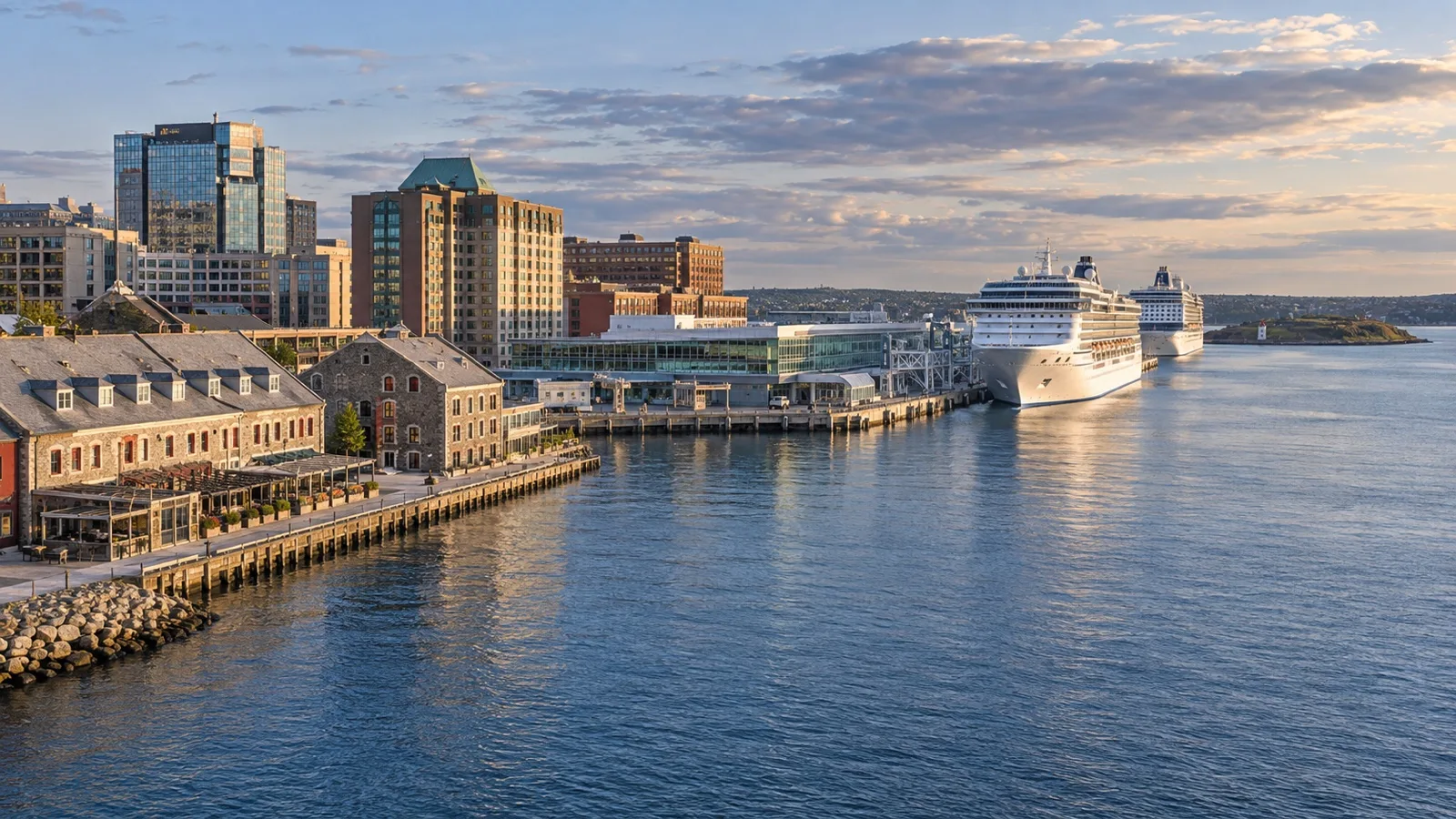 Panoramic Halifax waterfront with harborfront hotels, historic warehouses and the Seaport cruise piers