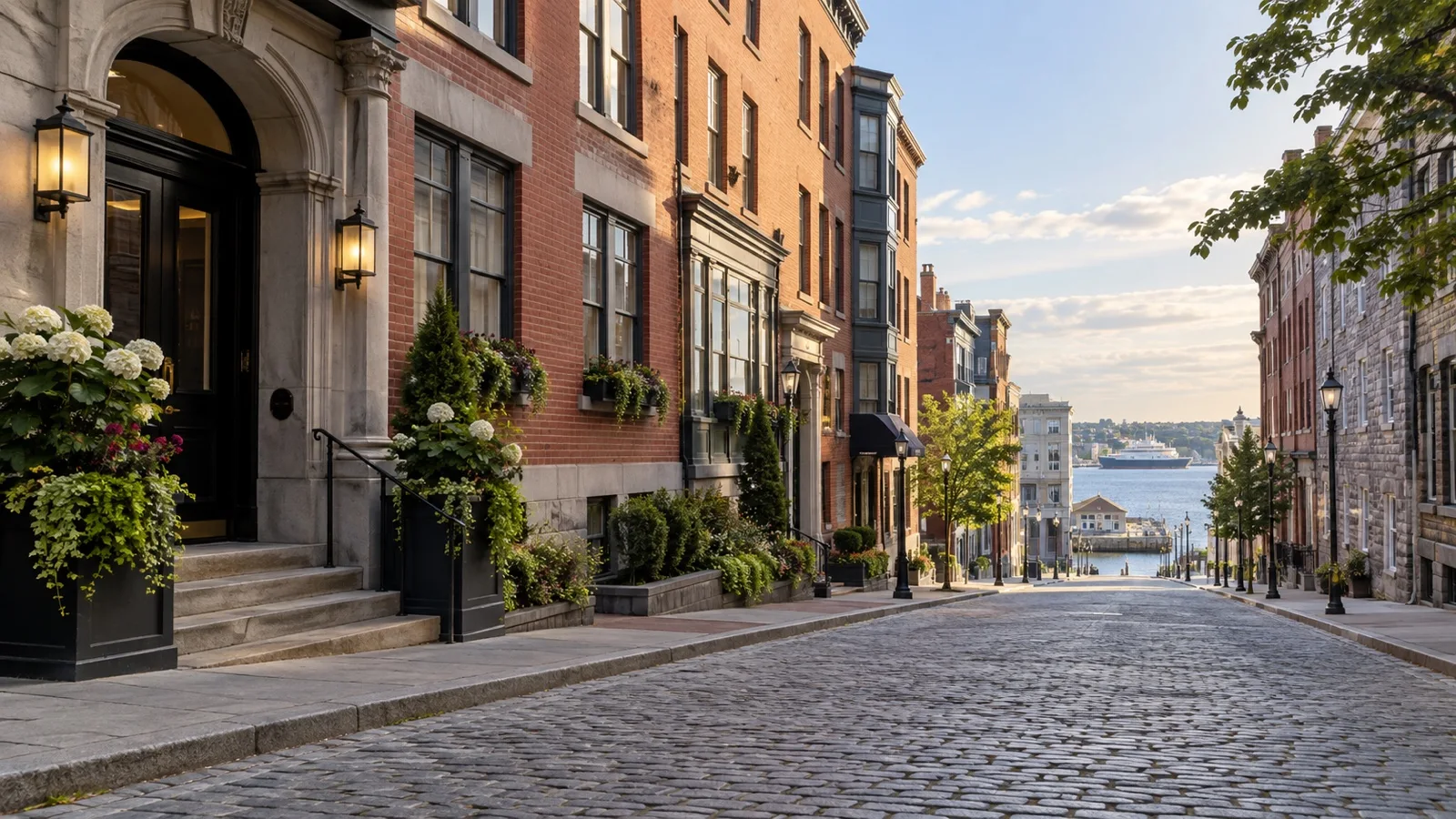 Quiet downtown Halifax street with modest hotel facades, brick buildings and Atlantic Canadian architecture