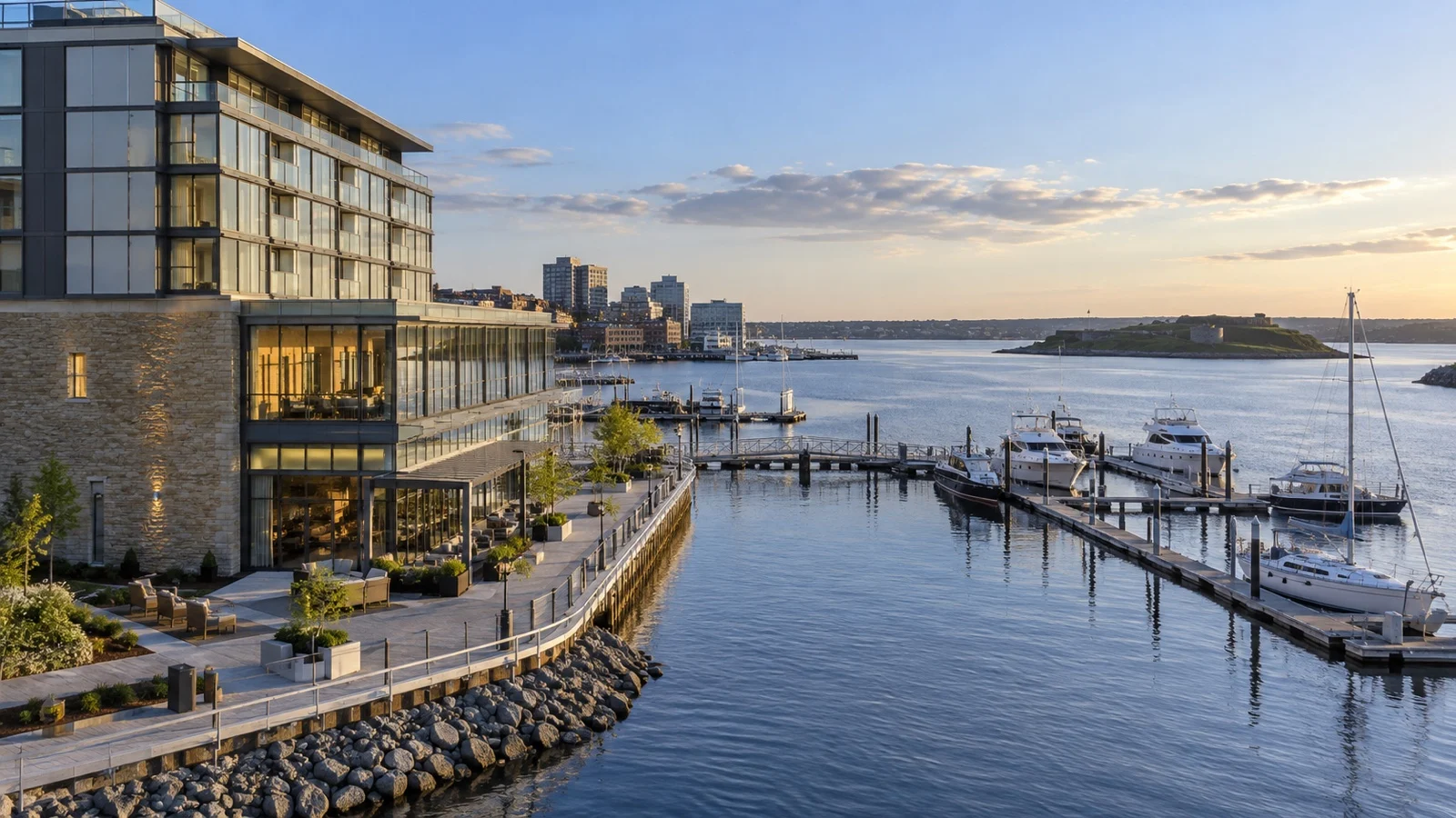 Upscale Halifax waterfront hotel exterior overlooking the harbor and moored boats