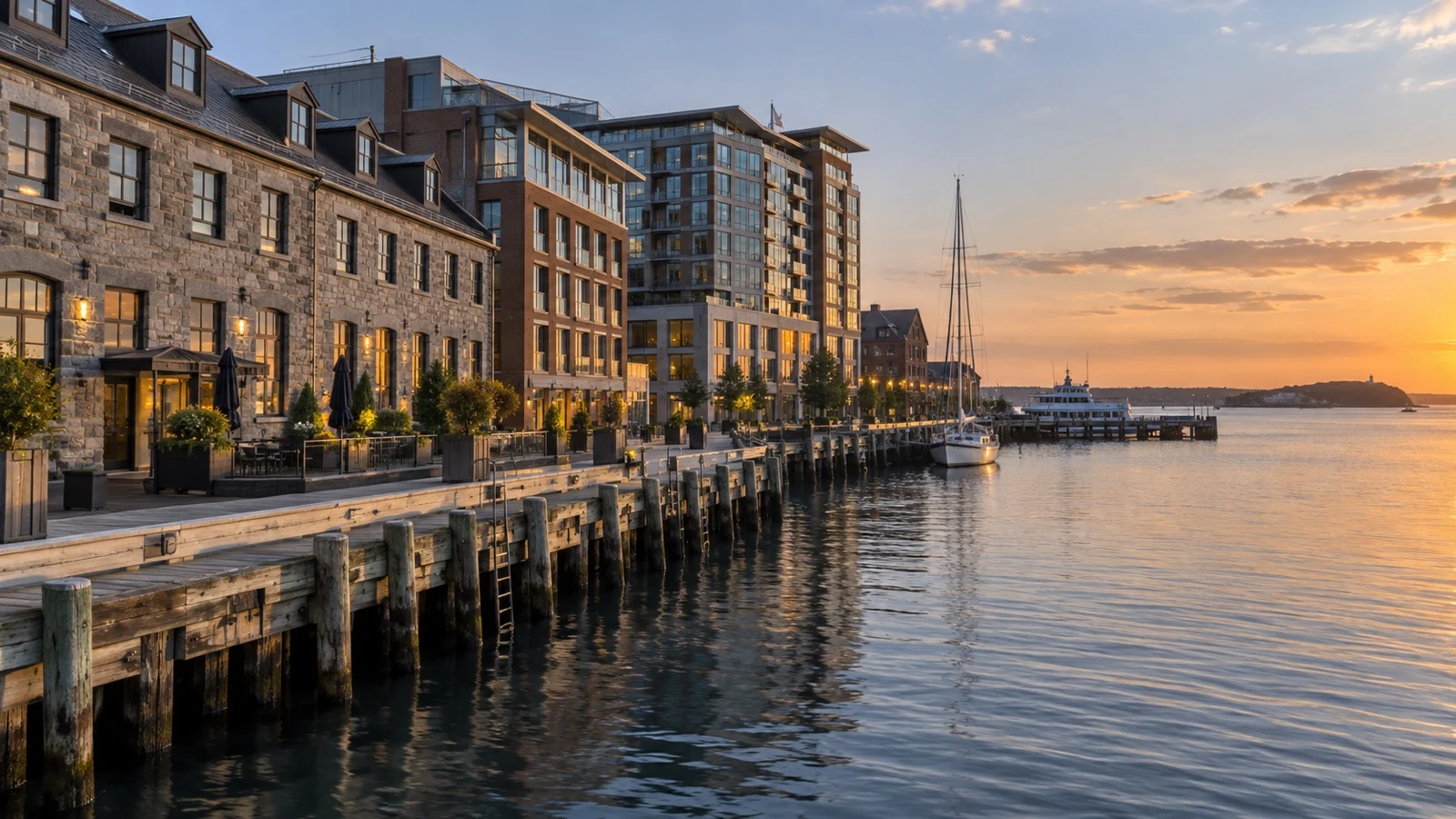 Lower Water Street in Halifax with contemporary waterfront hotels, stone warehouses and harbor views