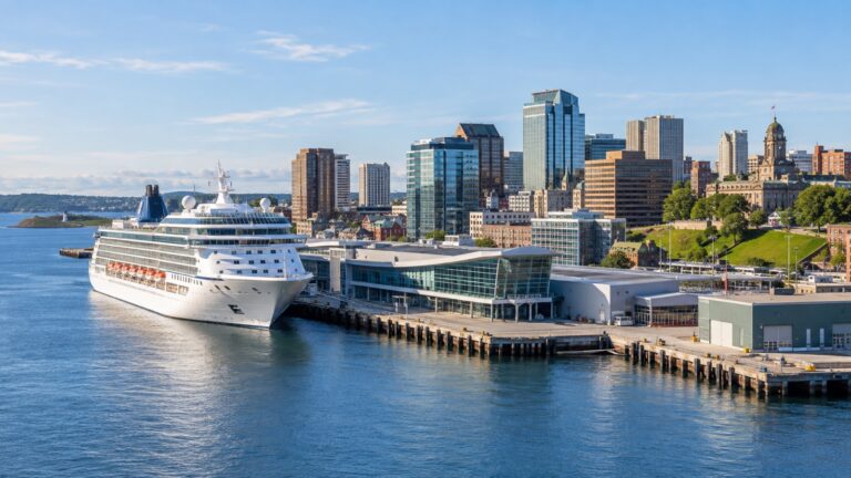 Halifax Seaport cruise terminal with a white cruise ship at berth along the broad harbor and city skyline