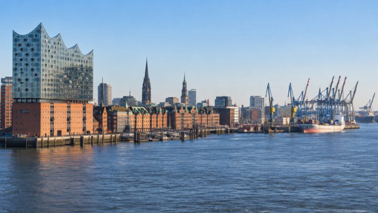 Hamburg harbor skyline along the Elbe River