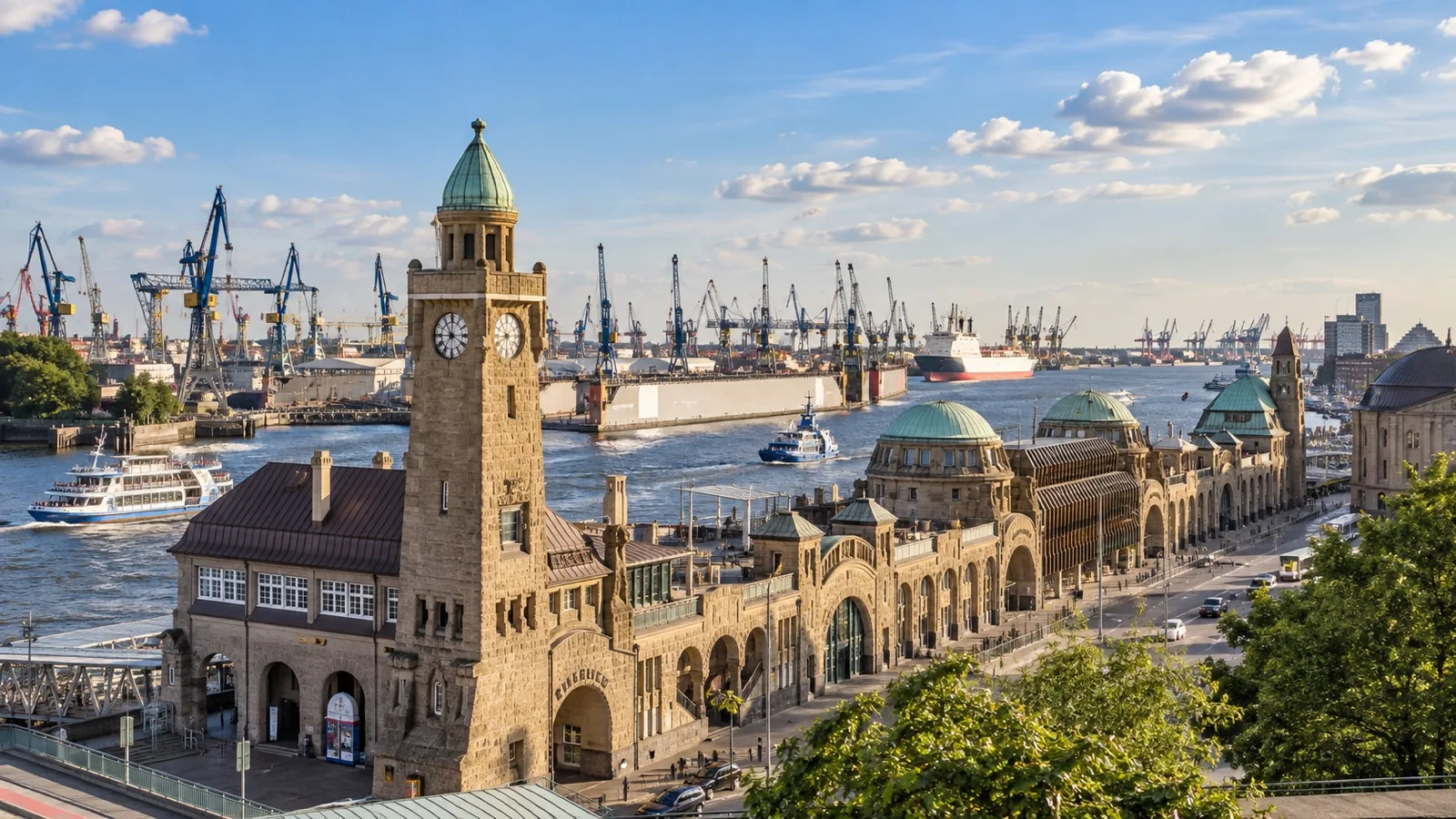 Landungsbrücken piers and harbor in Hamburg