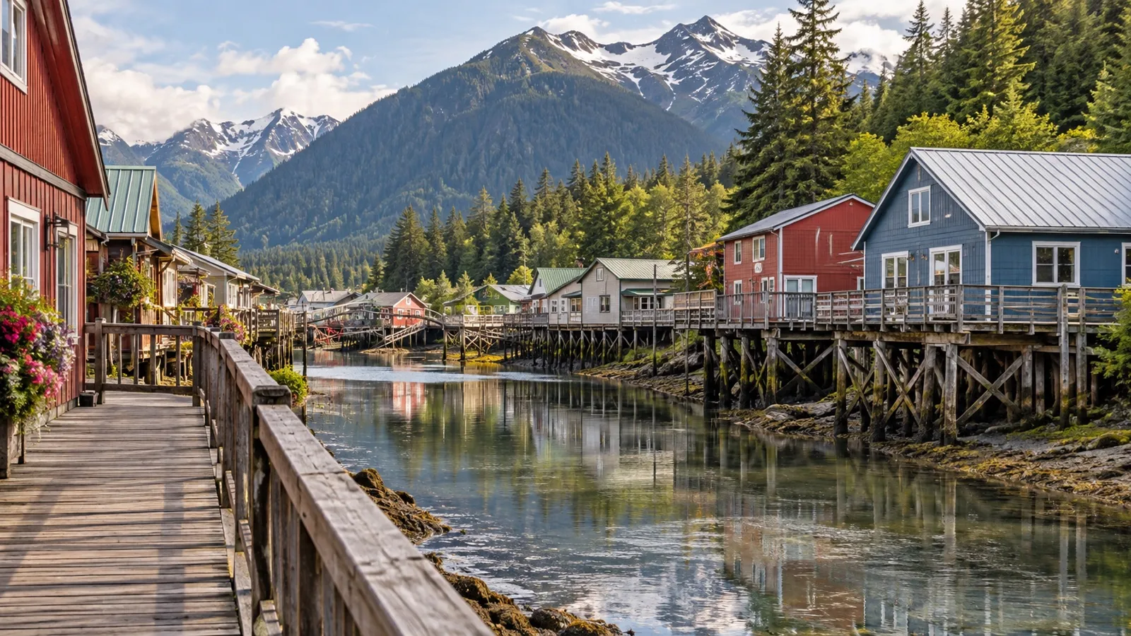 Wooden boardwalk and stilt houses beside Hammer Slough in Petersburg