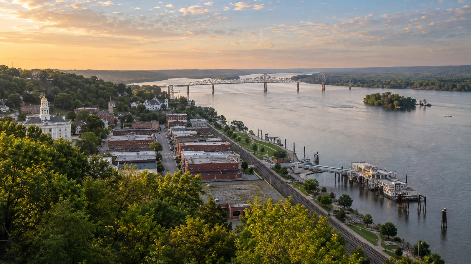 Aerial landscape view of Hannibal and the Mississippi River