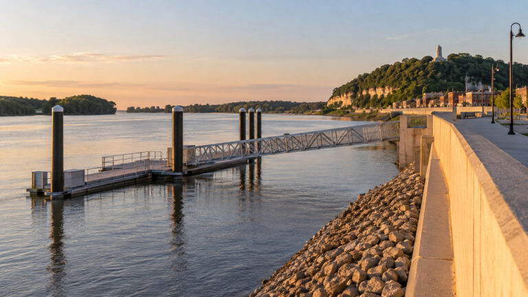 Glasscock Landing river cruise dock and floodwall on the Mississippi at Hannibal, Missouri