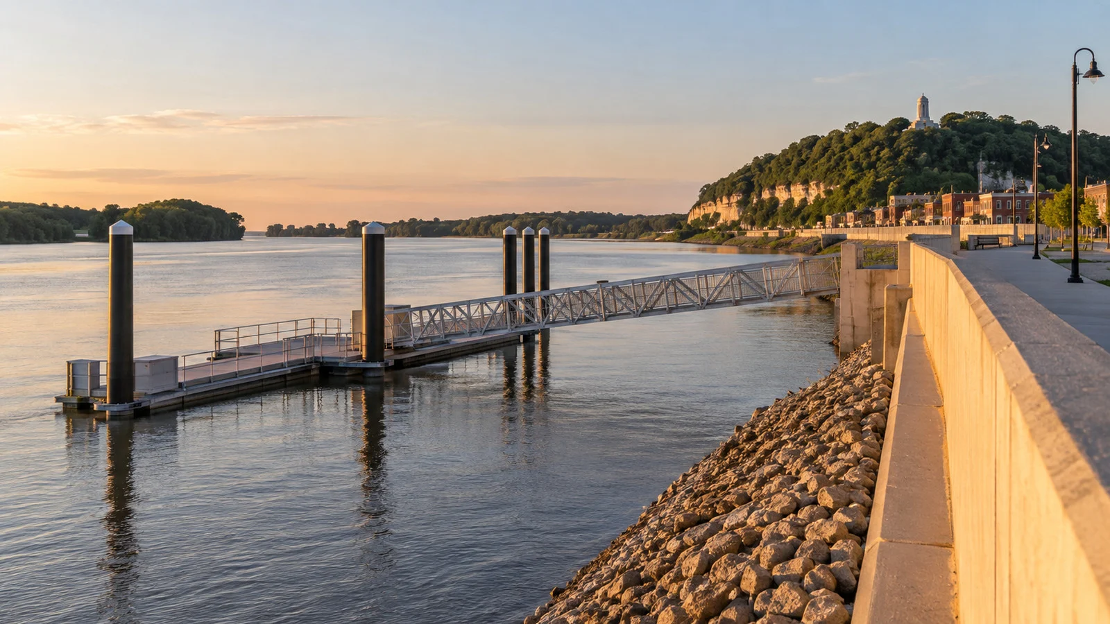 Glasscock Landing river cruise dock and floodwall on the Mississippi at Hannibal, Missouri