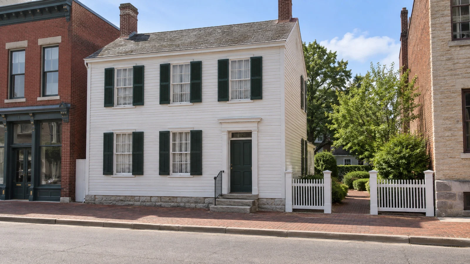 White clapboard Mark Twain Boyhood Home on a historic street in Hannibal, Missouri