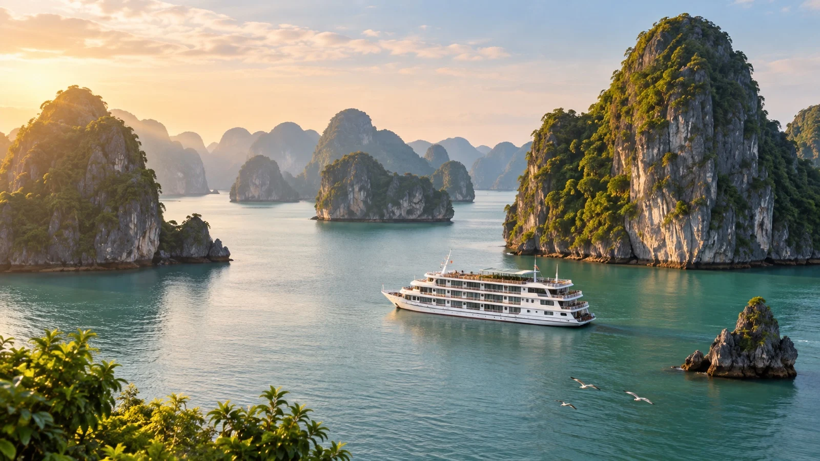 Ha Long Bay limestone islands and cruise vessel
