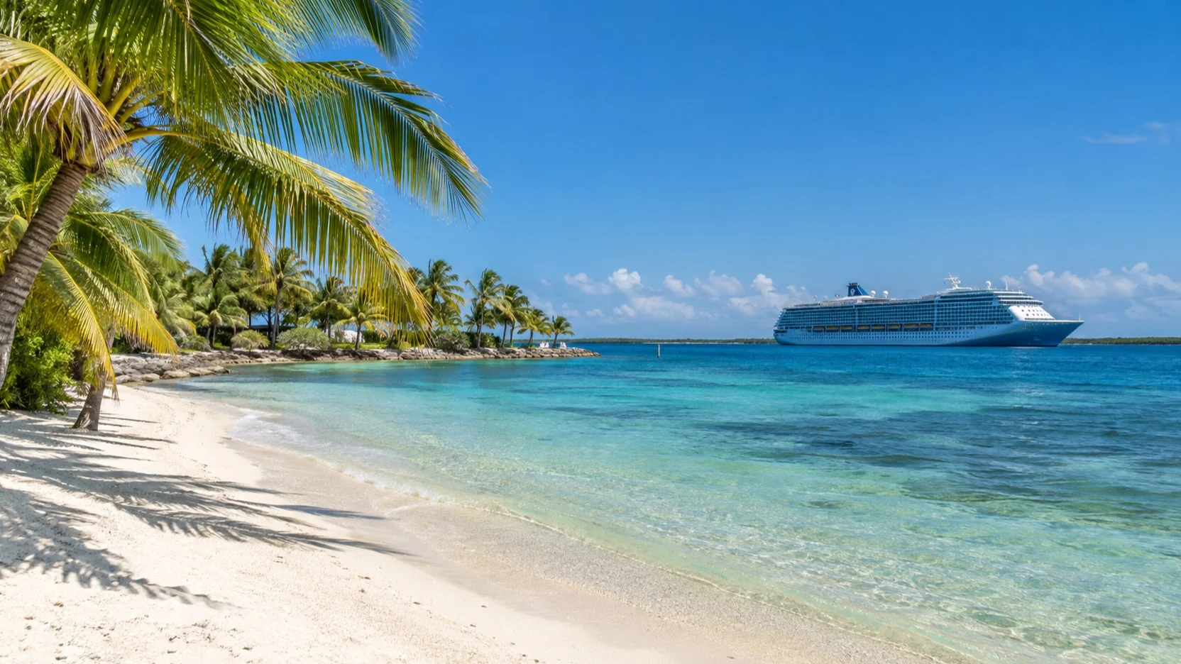Pale sand, palms and Caribbean water at Harvest Caye, Belize