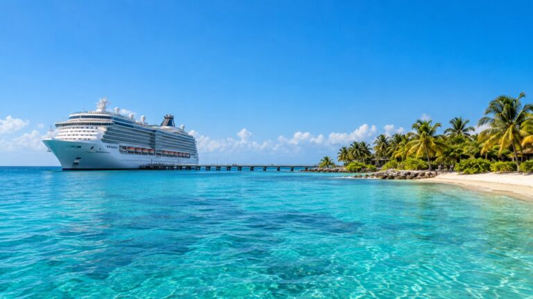 A cruise ship at Harvest Caye's pier off the coast of Belize