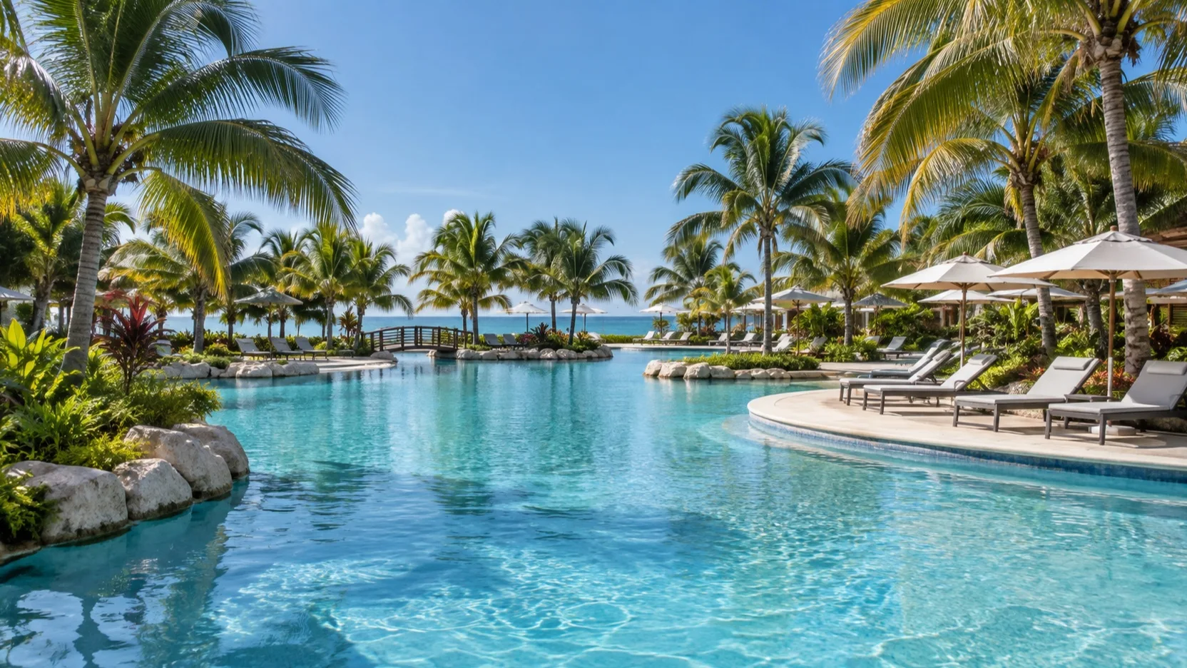 The palm-fringed swimming pool on Harvest Caye with no visitors