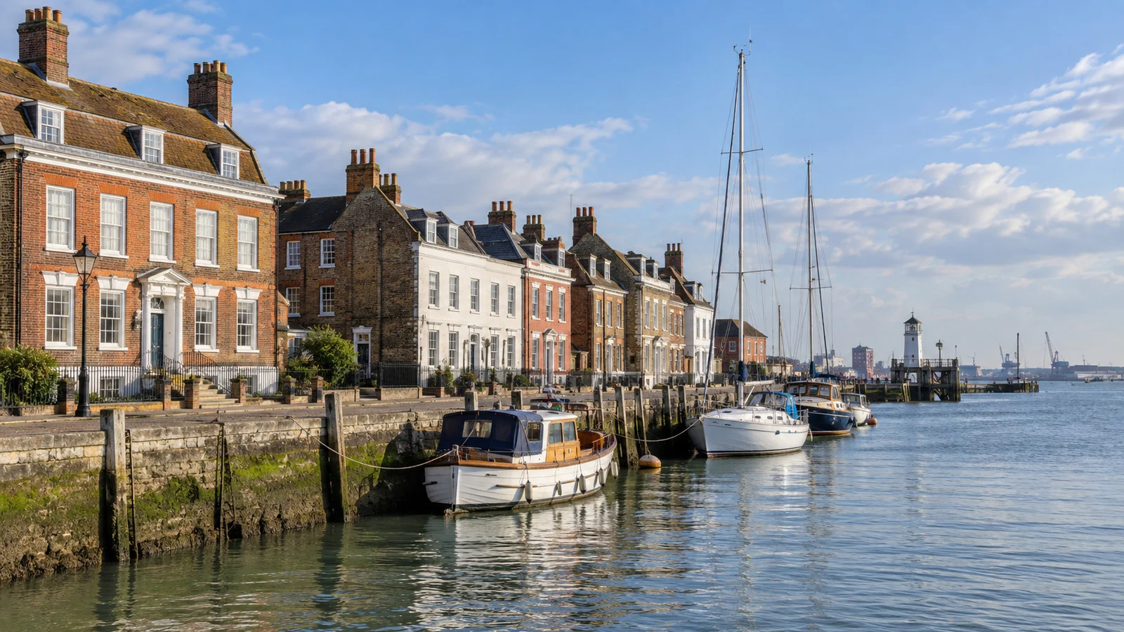 Historic Harwich waterfront with Georgian buildings and boats