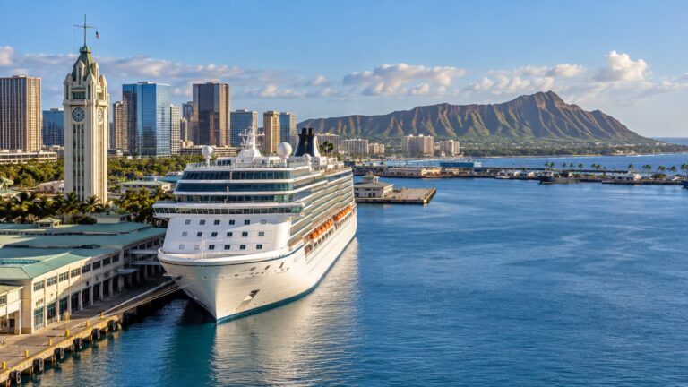 Cruise ship at Honolulu Harbor beside Aloha Tower on Oahu