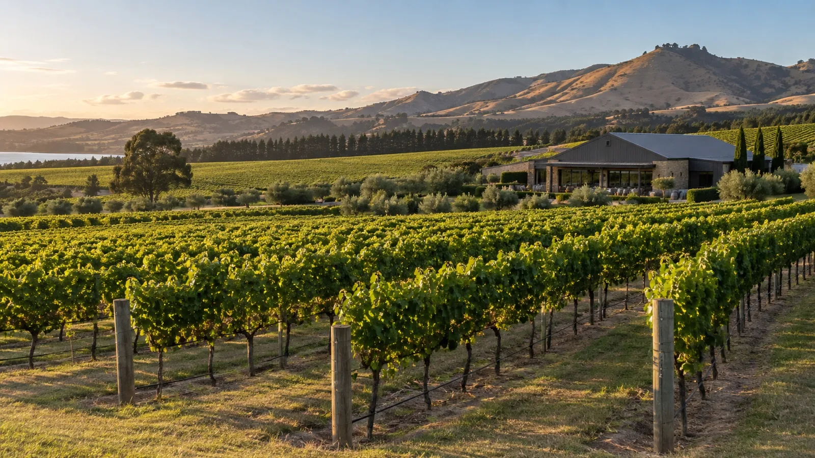 Grape rows and low hills at a Hawke’s Bay vineyard near Napier