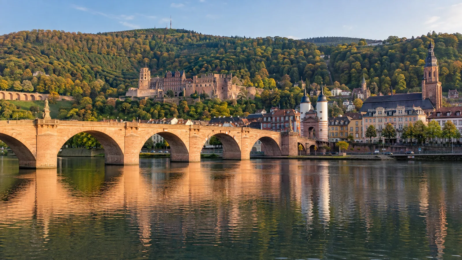 Heidelberg Neckar waterfront and historic Old Bridge