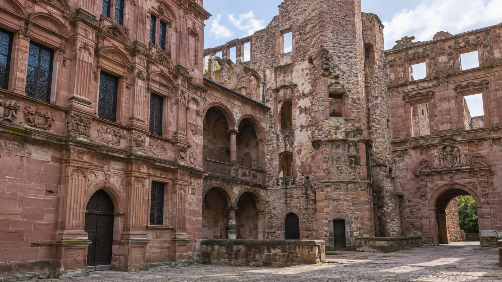 Red sandstone Renaissance courtyard within Heidelberg Castle, Germany
