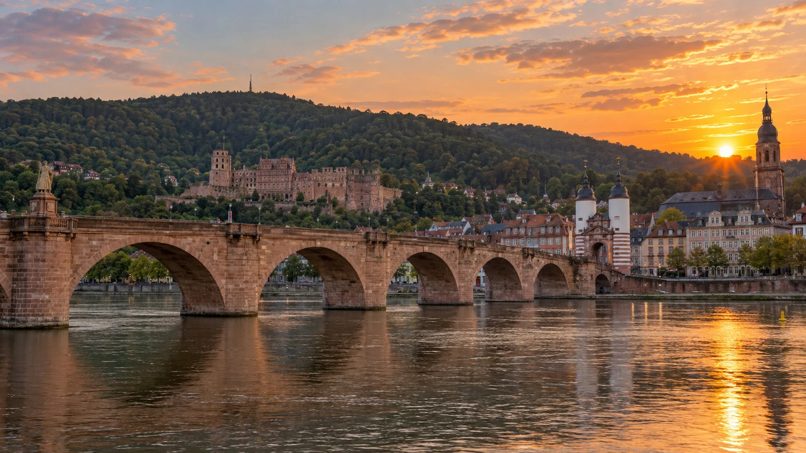 The historic Old Bridge spanning the Neckar at sunset in Heidelberg