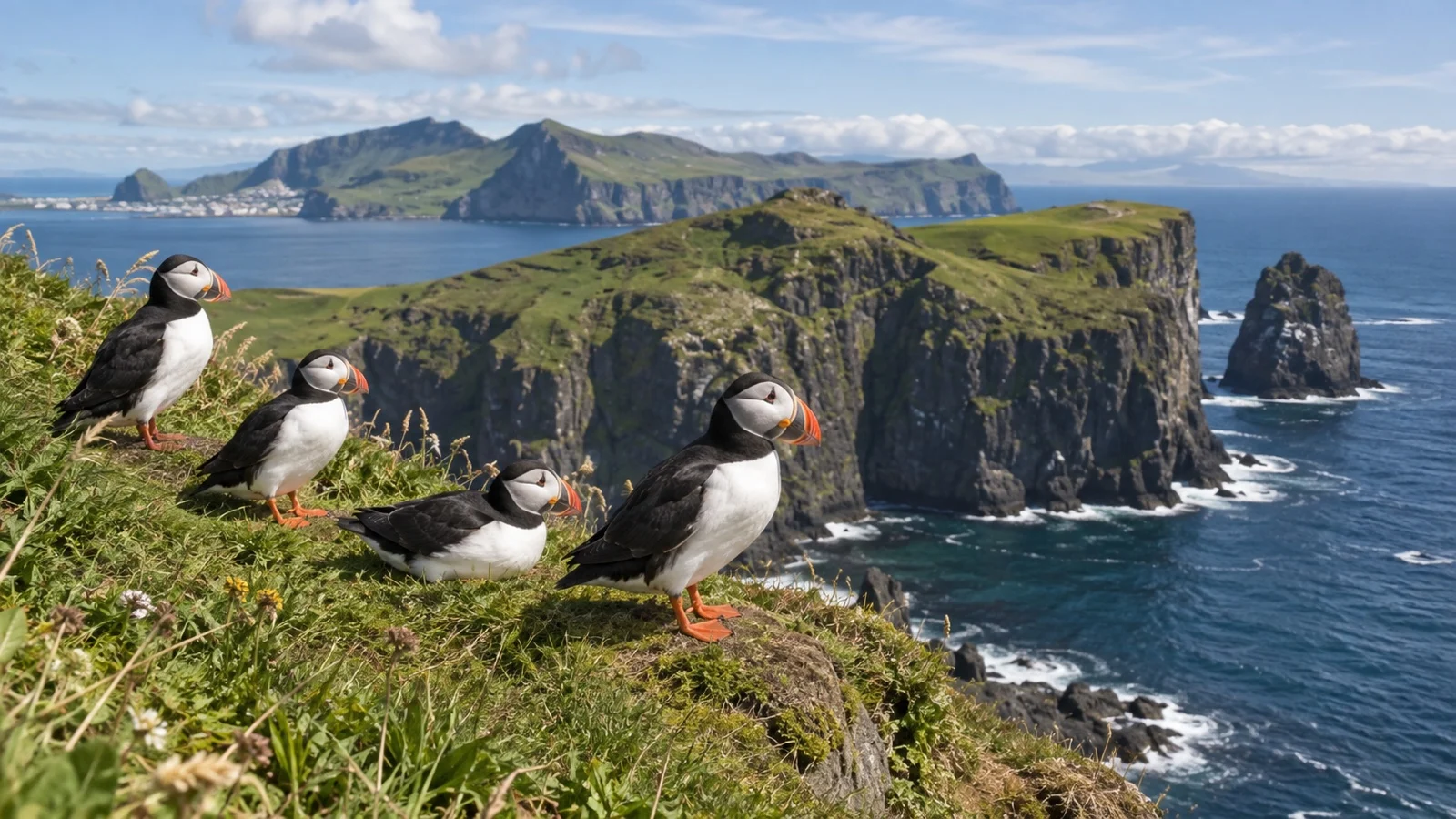 Atlantic puffins on the grassy Stórhöfði sea cliffs in Heimaey