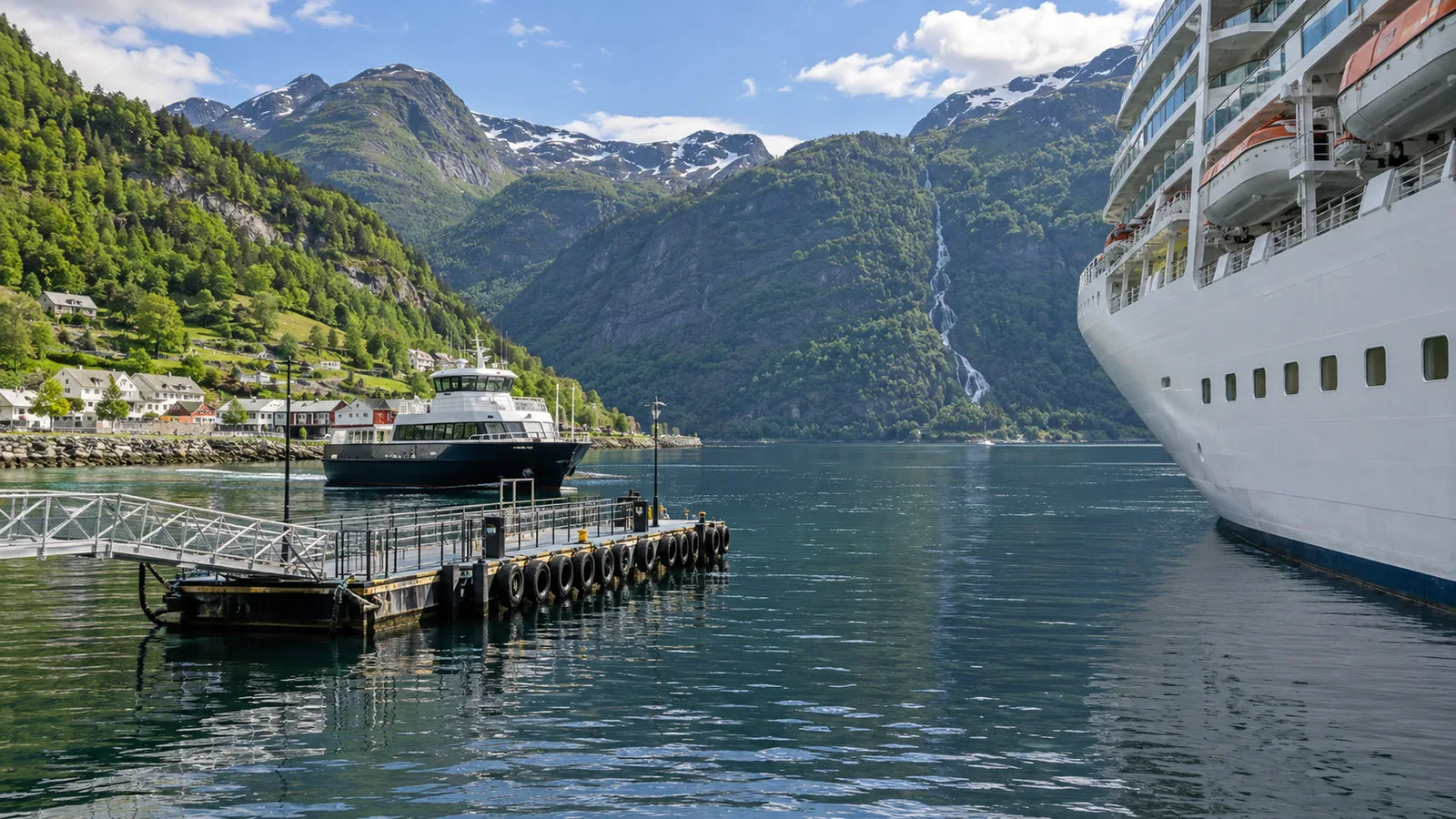 Hellesylt Norway tender pier and fjord ferry near cruise ship under tall green mountains, no people