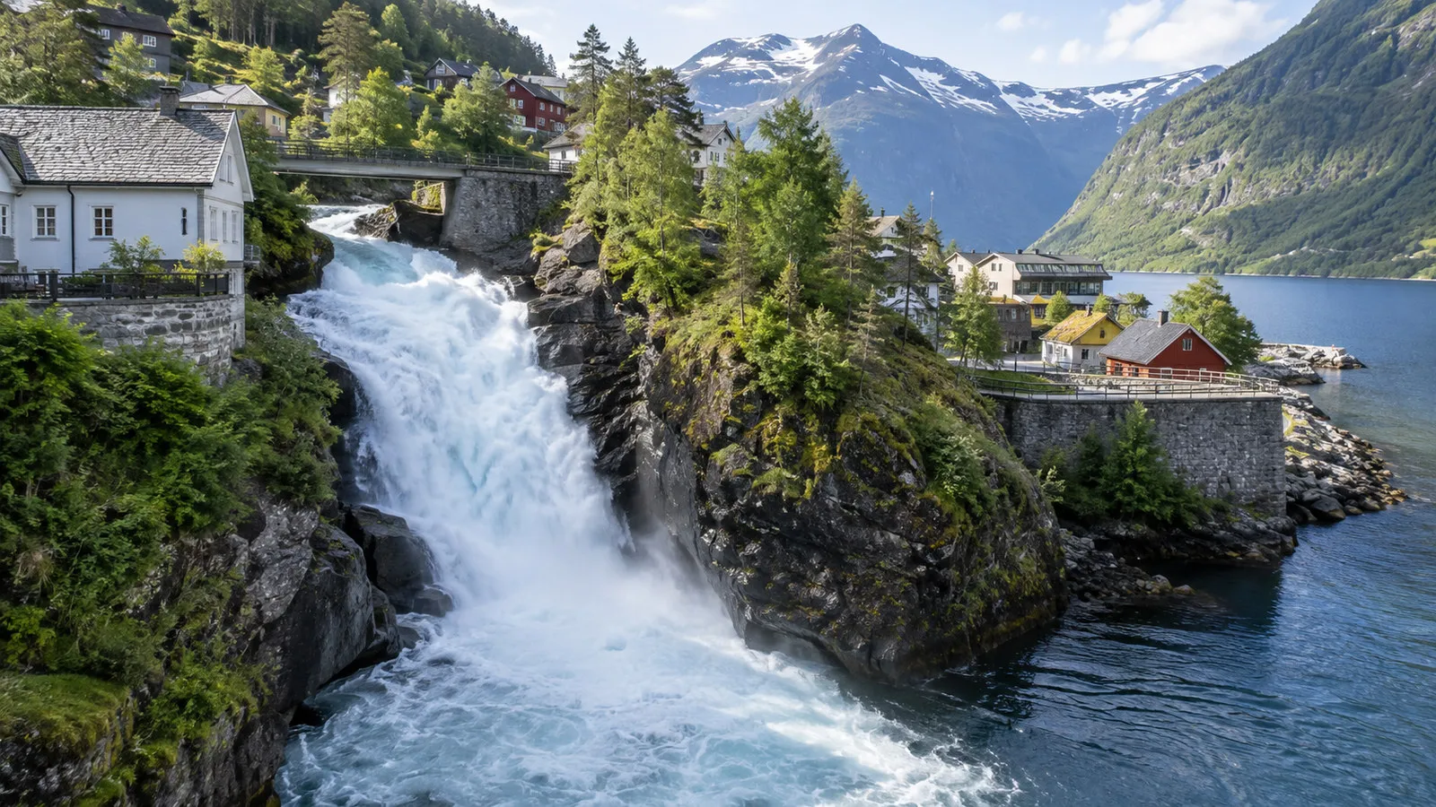 Hellesyltfossen waterfall rushing through rocky gorge beside Hellesylt Norway village, no people