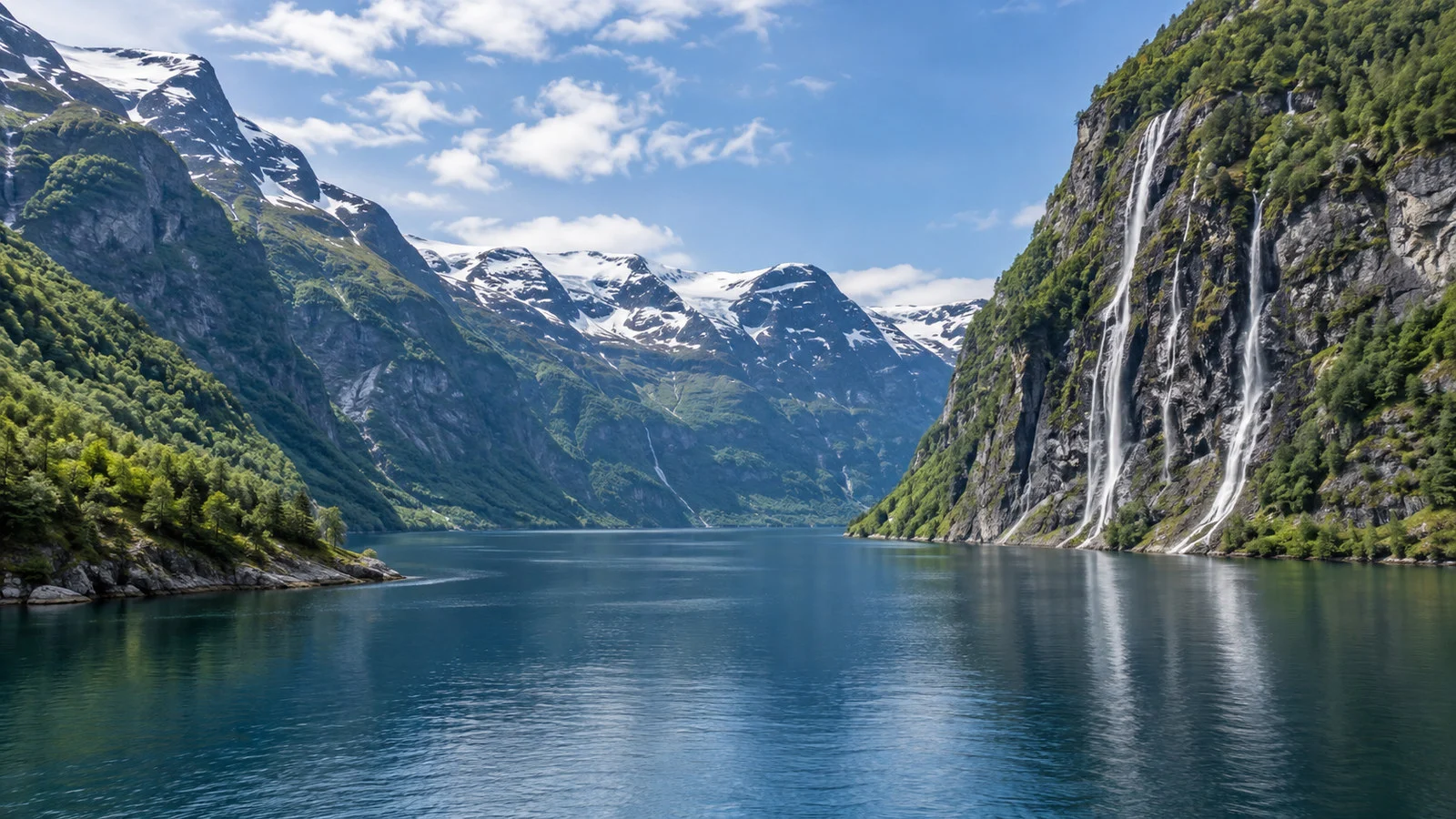 UNESCO Geirangerfjord scenery near Hellesylt with steep forested cliffs, waterfalls and deep blue fjord, no people