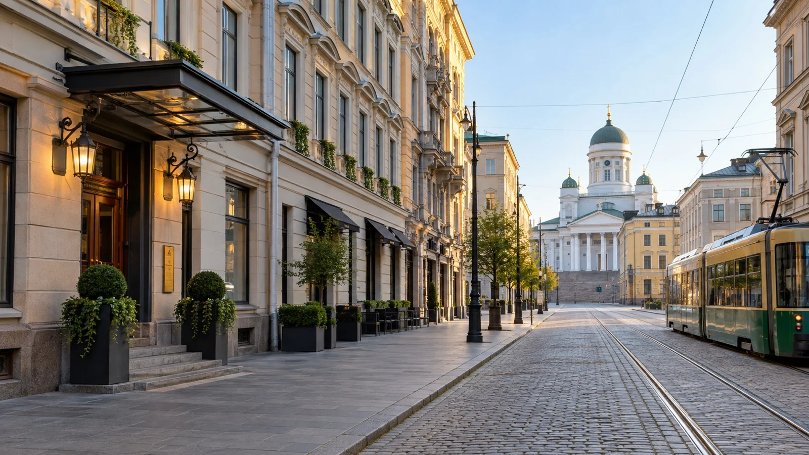 Central Helsinki street with practical Nordic hotels, neoclassical facades and quiet tram tracks