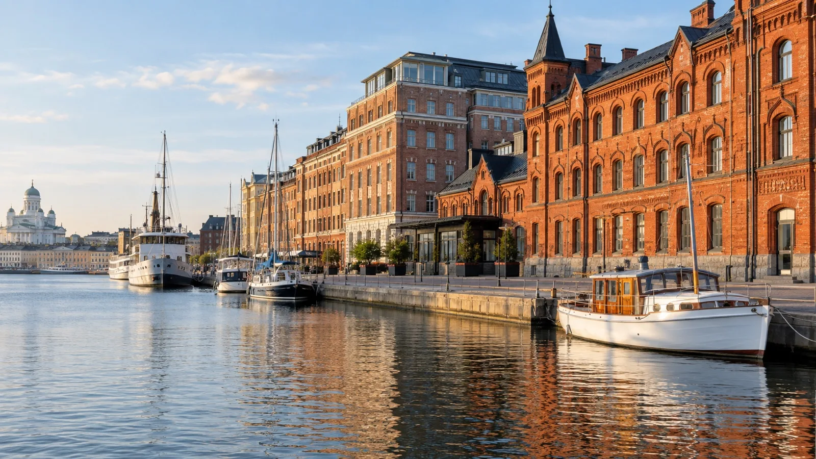 Katajanokka waterfront in Helsinki with full-service hotels, harbor boats and red brick warehouses