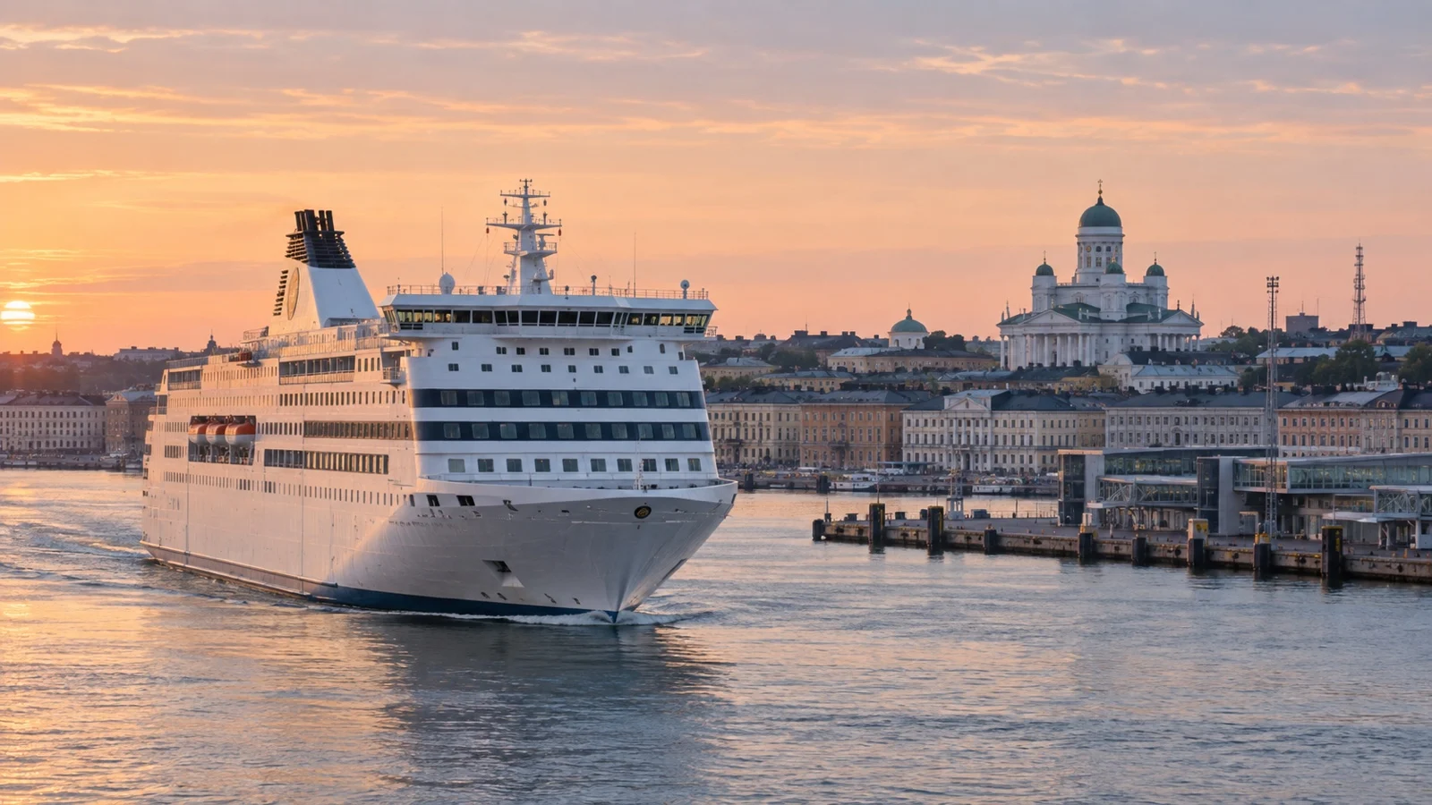 Baltic overnight ferry arriving at Helsinki waterfront