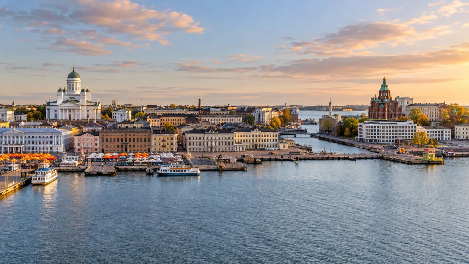 Panoramic Helsinki waterfront showing Market Square, Katajanokka and city hotel districts