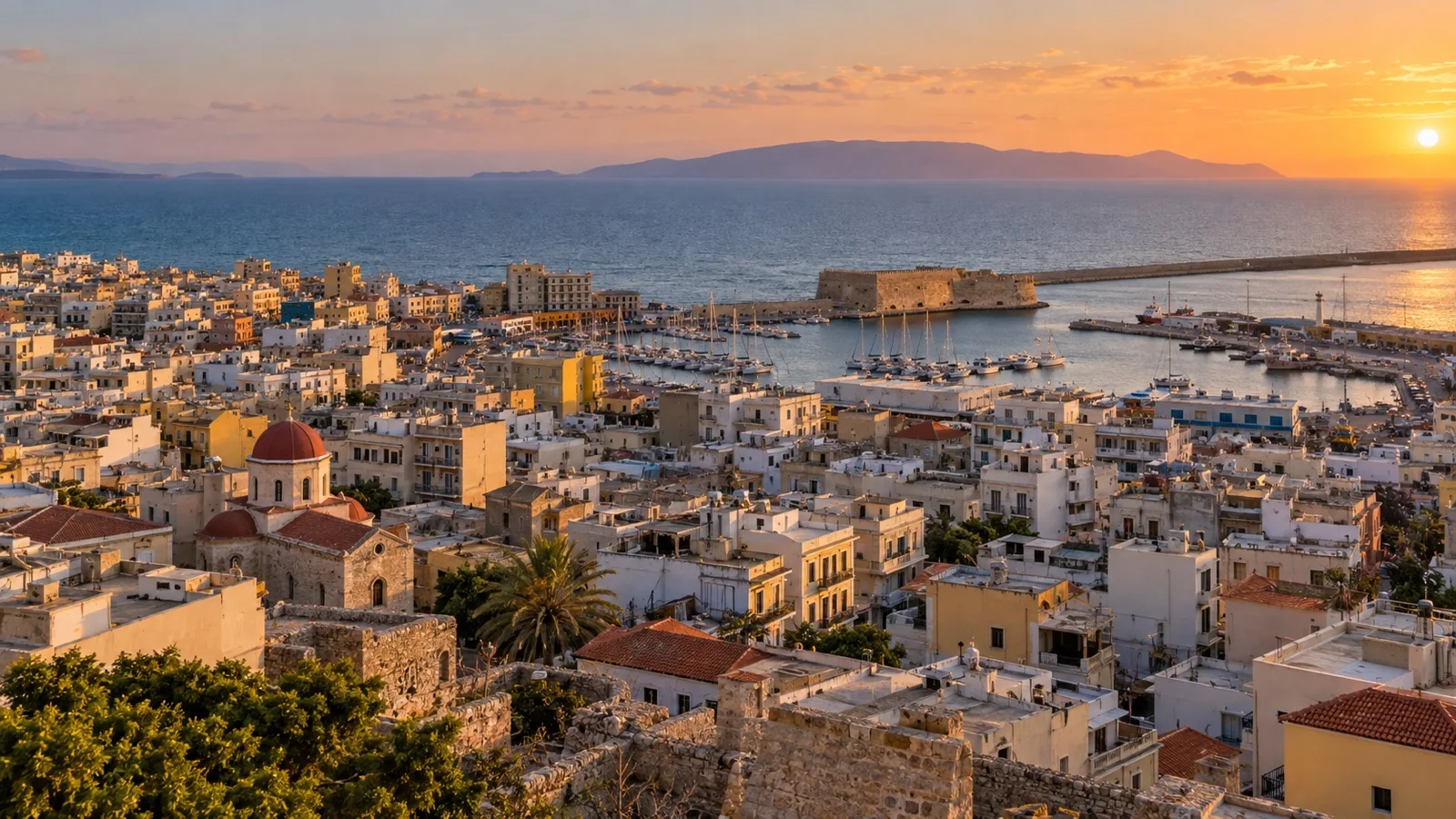 Heraklion city rooftops looking toward the Cretan Sea