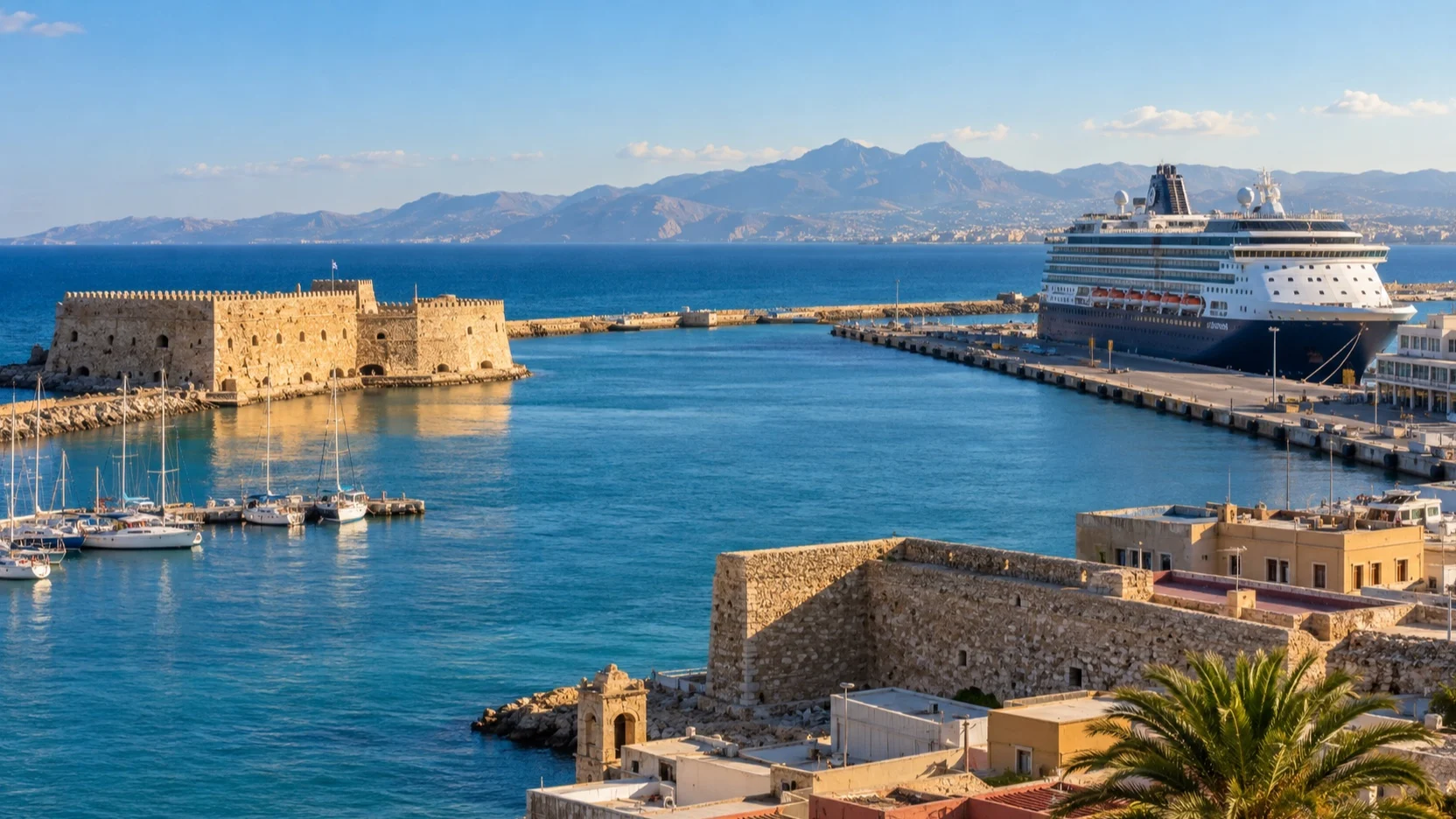 Cruise ship near Heraklion's Venetian Koules fortress and harbor