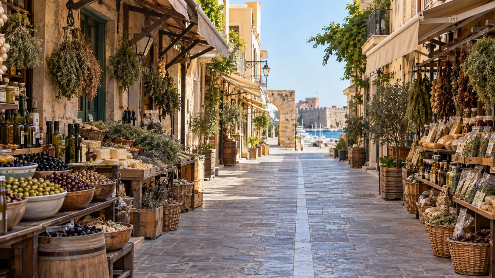 Empty Heraklion market lane with olives and local food stalls