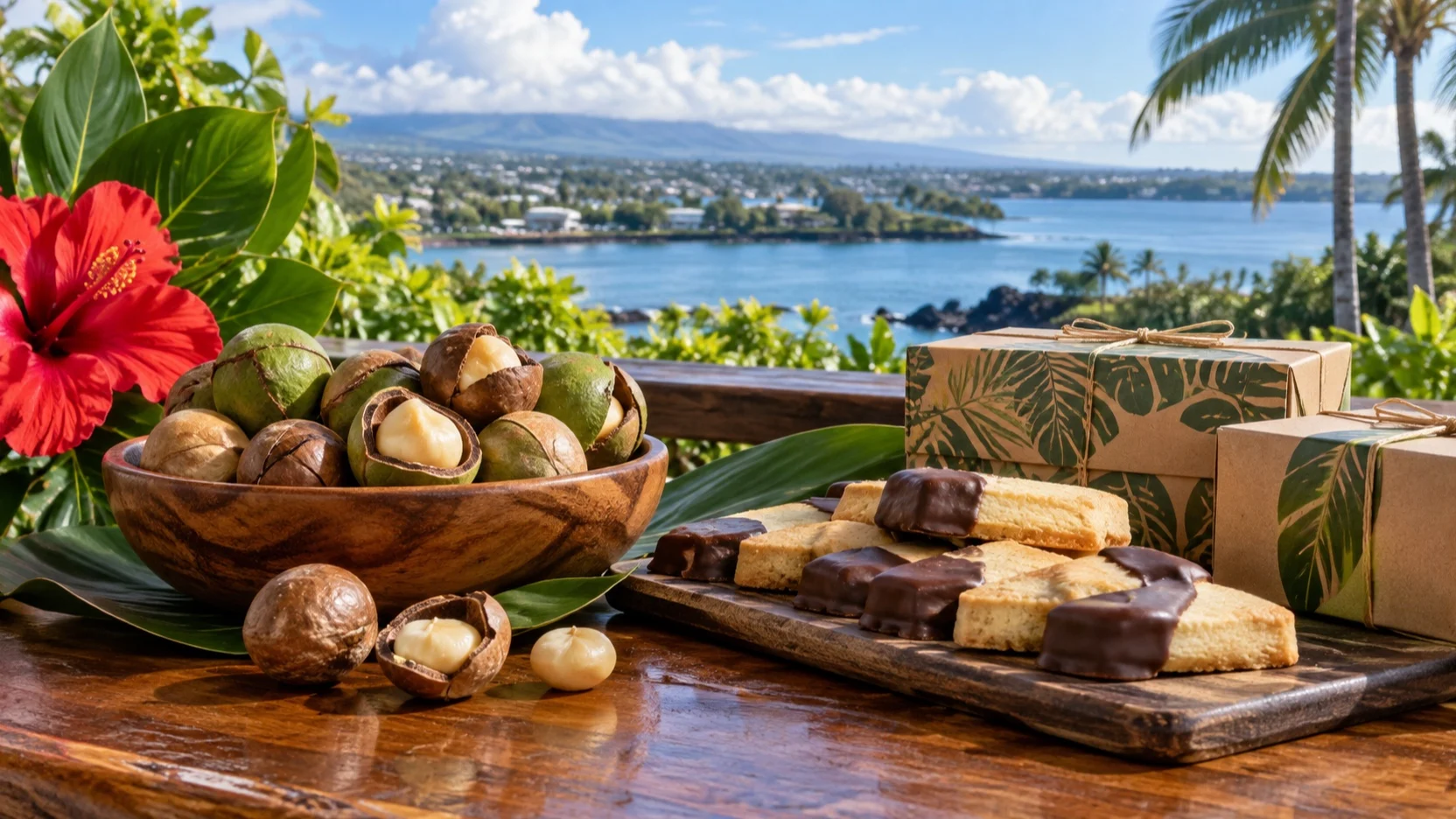 Macadamia nuts and chocolate-dipped shortbread arranged as Hilo souvenirs