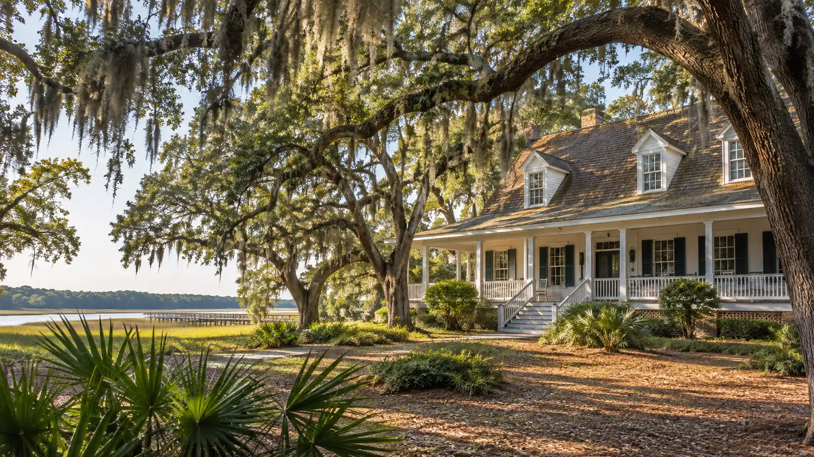 Coastal Discovery Museum at Honey Horn Hilton Head historic house, live oaks and Spanish moss, no people