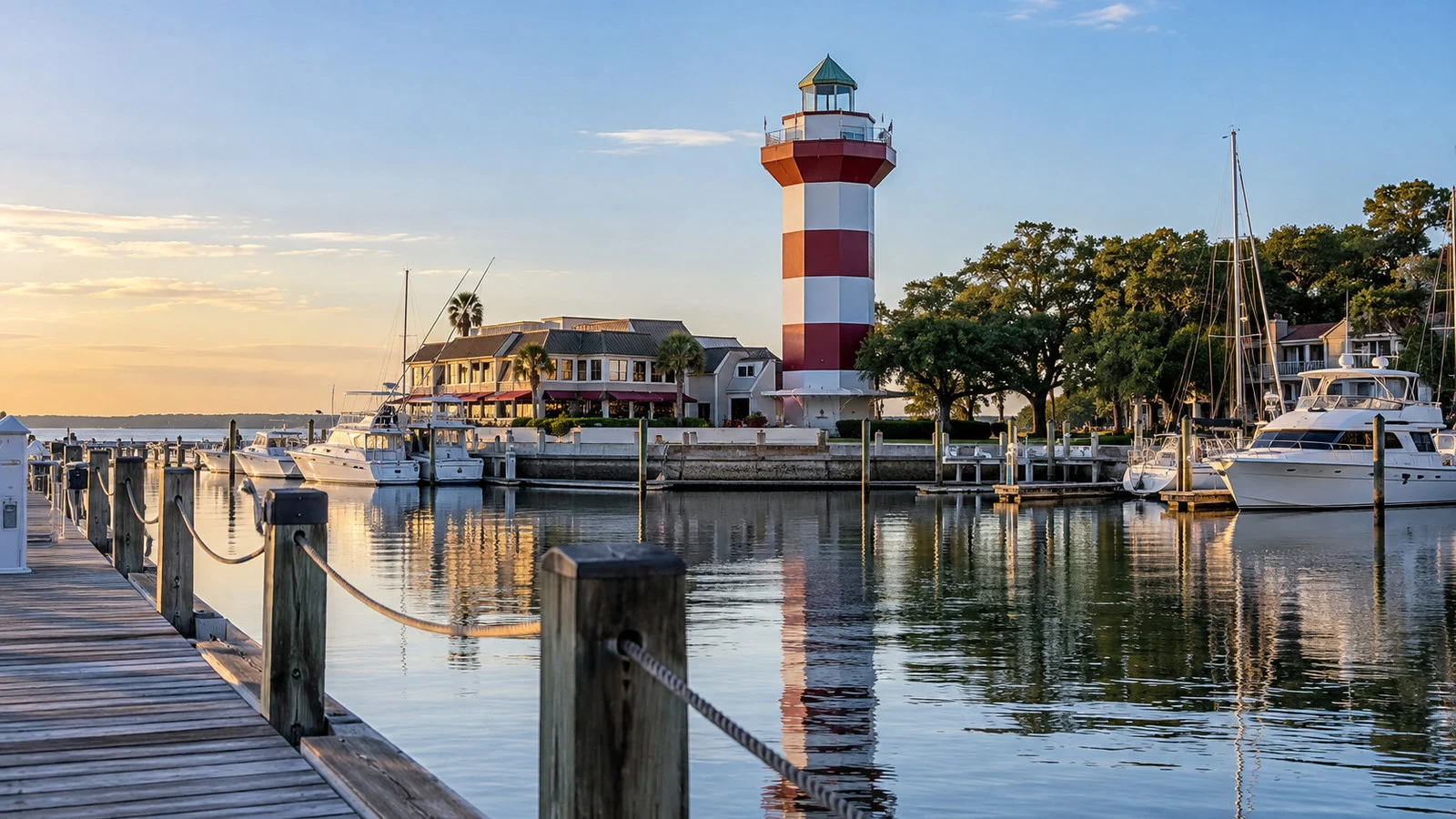 Harbour Town Hilton Head red-and-white striped lighthouse overlooking marina and boats, empty dock