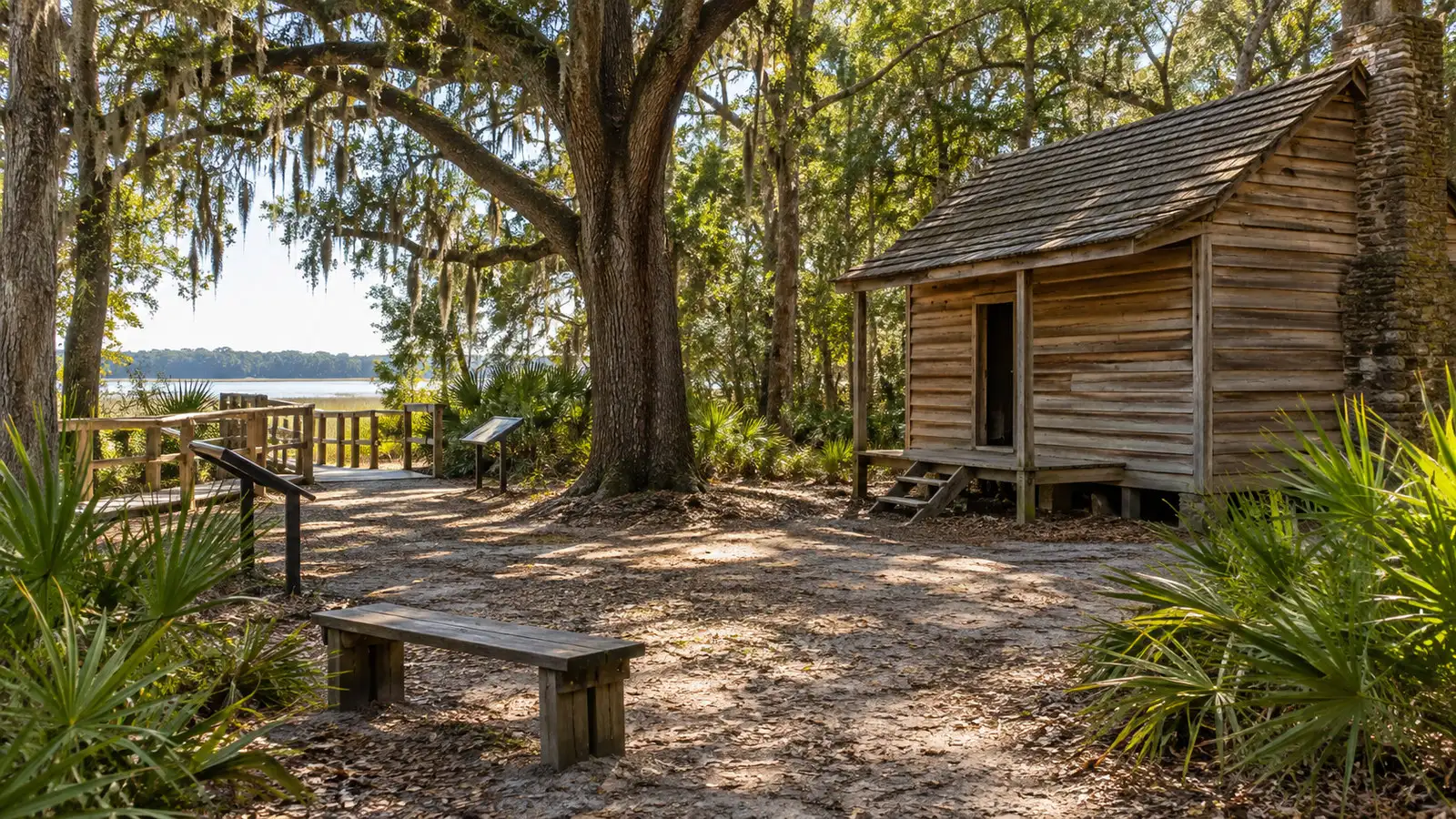 Historic Mitchelville Freedom Park Hilton Head quiet wooded interpretive grounds with recreated historic simple cabin, no people and no readable text