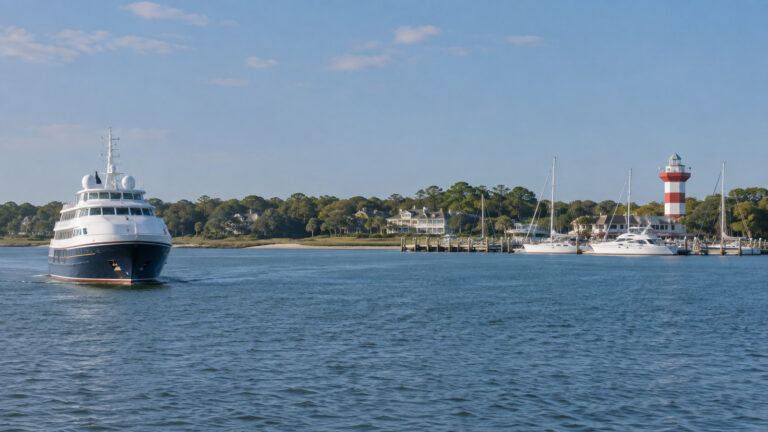 Small cruise vessel or tender offshore near Hilton Head Island South Carolina low coastal shoreline and marina, no people